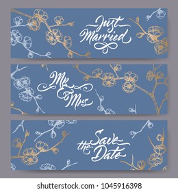 Set of three original wedding banners based on blooming plum branch sketch on blue and brush calligraphy. Save the date, just married, Mr and Mrs cards for bridal design. Hand drawn floral postcard.