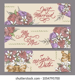 Set of three original wedding banners based on bouquet xolor sketch and brush calligraphy. Save the date, just married, Mr and Mrs cards for bridal design. Hand drawn floral postcard.