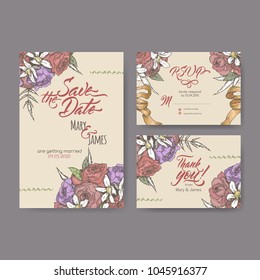 Set of three original wedding cards based on bouquet color sketch and brush calligraphy. Wedding invitation, save the date, RSVP and thank you card for bridal design. Hand drawn floral postcard.