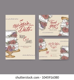 Set of three original wedding cards based on cake color sketch and brush calligraphy. Wedding invitation, save the date, RSVP and thank you card for bridal design. Hand drawn floral postcard.