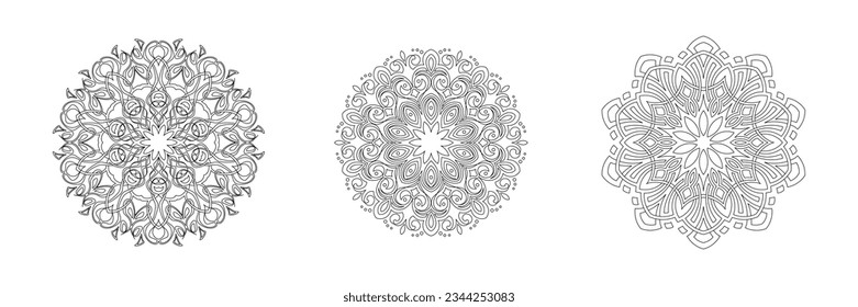 Set of three ornamental round patterns. Graphic drawing. Vector illustration.