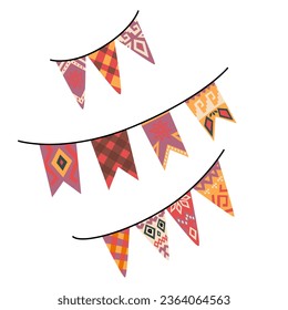 Set of three ornamented garlands. Flags of different shapes and colors on a rope. Autumn colors and designs for decorating traditional holidays. Flat vector illustration isolated on white background.