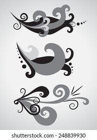 Set of three ornate curls in black and white