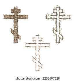 Set of three Orthodox Christ Crosses with wooden branch textures isolated on white background