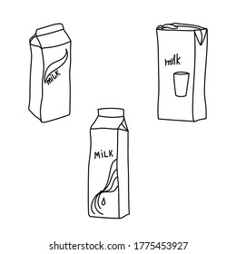 Set of three outline milk package, hand draw vector illustration for design and creativity