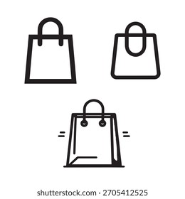 Conjunto de tres iconos vectoriales de contorno de bolsas de compras en diferentes estilos. Símbolos gráficos esenciales para el comercio minorista, el comercio electrónico, la tienda en línea, la compra, el Carrito de compras o el diseño de interfaz de aplicaciones móviles.