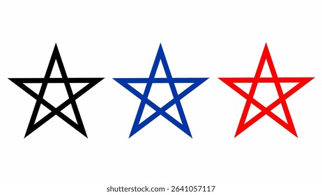 Set of three outlined pentagram stars in black, blue, and red. Perfect for icons, symbols, patriotic themes, graphic design, and decorative elements.