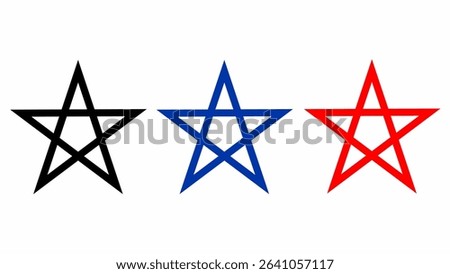 Set of three outlined pentagram stars in black, blue, and red. Perfect for icons, symbols, patriotic themes, graphic design, and decorative elements.