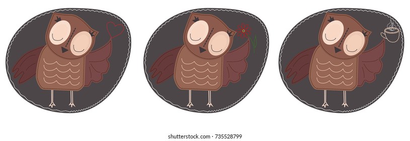 A set of three owls that hold a heart, a flower, a cup of hot coffee. Imitation of stripe, fabric and stitching, seam