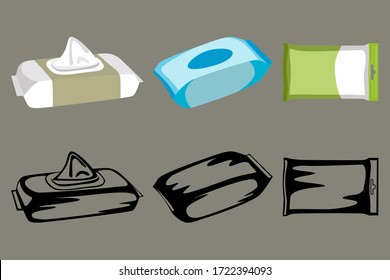 A set of three packs of wet wipes, in two versions color and black and white. Vector illustration.