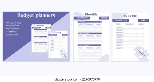 Set of three pages of digital financial planner. Budget planner with its cover, monthly and weekly pages. Vector illustration, banner.