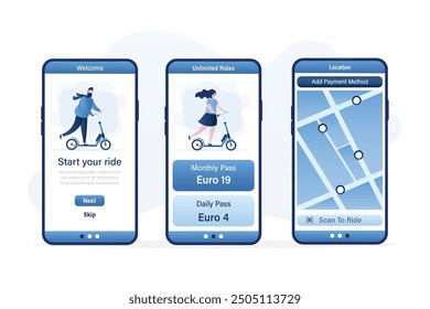 Set of three pages of mobile app for rent electric scooters. Mobile phone application for renting and payment e-scooter. Urban ecological transport. Modern technologies. flat vector illustration