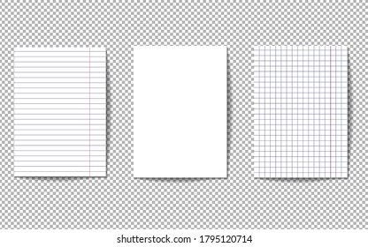 A set of three pages of a notebook. Sheets of paper are white, squared and in a line. Blank white sheets isolated on transparent background. School notebook paper. Realistic vector illustration. EPS