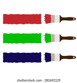 Set of three paint brush drawing brush stokes red, green and blue vector illustration. Paint brush painting banner