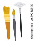 Set of three paint brushes in different shapes and colors in flat vector style. Concept illustrates creativity, artistic tools and the process of painting