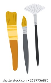 Set of three paint brushes in different shapes and colors in flat vector style. Concept illustrates creativity, artistic tools and the process of painting