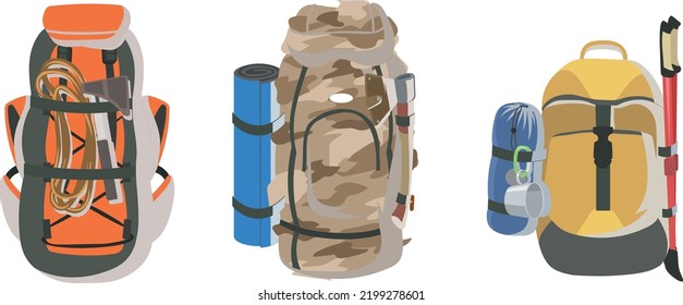 A set of three painted backpacks for hiking. The illustration also includes a cot, sleeping bag, walking sticks, two axes, a mug, and a rope.