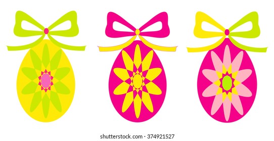 Set of three painted Easter eggs. The painting on the eggs. Eggs Gift with a bow