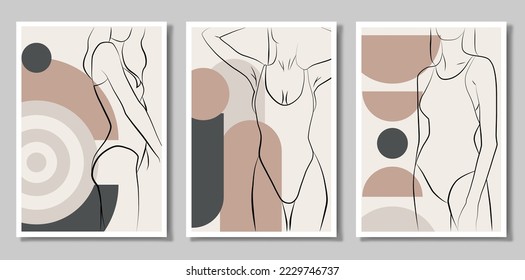 Un conjunto de tres cuadros. Dibujo abstracto con una cara femenina, silueta, elementos de formas geométricas simples, en un dibujo lineal. Resumen. El cuerpo de una mujer.