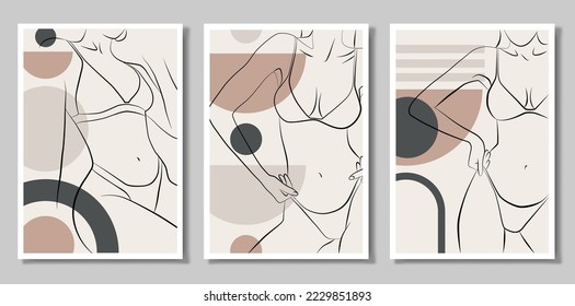 Un conjunto de tres cuadros. Dibujo abstracto con una cara femenina, silueta, elementos de formas geométricas simples, en un dibujo lineal. Resumen. El cuerpo de una mujer.