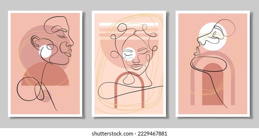A set of three paintings. An abstract figure. Minimalistic vector posters: portrait of a woman, circles, squares, branches, abstraction. For postcards, posters, posters, brochures, cover design.