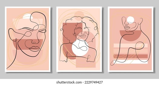 A set of three paintings. An abstract figure. Minimalistic vector posters: portrait of a woman, circles, squares, branches, abstraction. For postcards, posters, posters, brochures, cover design.