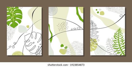 Set of three paintings. Abstract posters with monstera leaves, plant elements, colorful spots, points, lines on a white background. Interior decoration, cards, brochure cover. Modern Art. Vector.