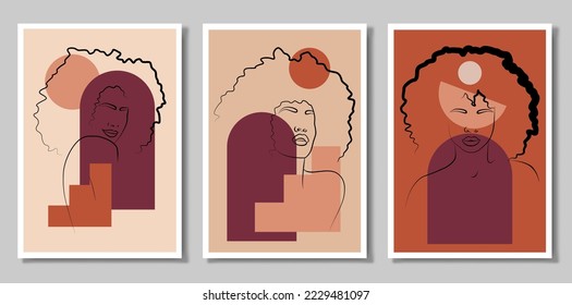 A set of three paintings. Drawing of the face line of an African woman. Minimalistic abstract portrait of a woman with a continuous line for the logo. Geometric shapes.