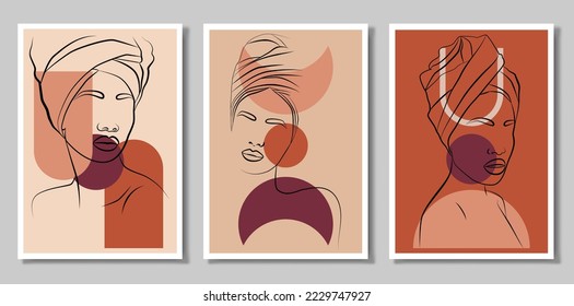 A set of three paintings. Drawing of the face line of an African woman. Minimalistic abstract portrait of a woman with a continuous line for the logo. Geometric shapes.