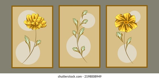 Set of three paintings. Floral design for interior, postcards, brochures, covers. Boho decor. Stylized: watercolor.