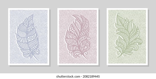 Set of three paintings. Lace leaves, openwork feathers, creative ornament on linen canvas background. Collection of posters in pastel colors to decorate the interior of an office, studio, apartment.