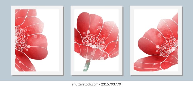 Un conjunto de tres cuadros de estilo floral minimalista con flores rojas de amapola. Cuadros para la decoración, el diseño y el interior.