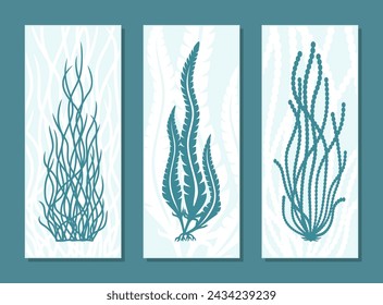 Conjunto de tres cuadros. Carteles sobre un tema de plantas con hojas, algas, arbustos. Colores azul-verde, estilo plano simple. Para decorar los interiores de casa, dormitorio, baño, oficina. Ilustración vectorial.