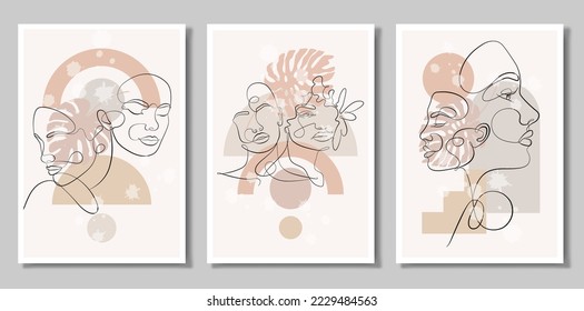 A set of three paintings. Vector portrait in a minimalist style. Geometric shapes, leaves, female portrait. Hand-drawn abstract female print. Used for social media stories.