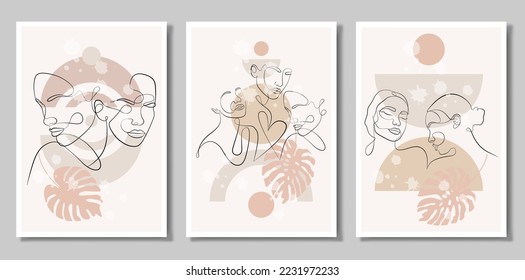 A set of three paintings. Vector portrait in a minimalist style. Geometric shapes, leaves, female portrait. Hand-drawn abstract female print. Used for social media stories.