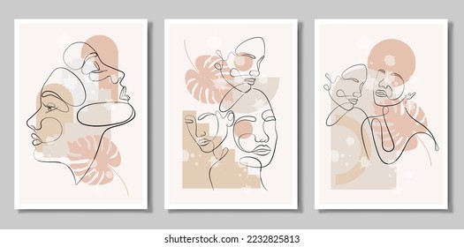 A set of three paintings. Vector portrait in a minimalist style. Geometric shapes, leaves, female portrait. Hand-drawn abstract female print. Used for social media stories.