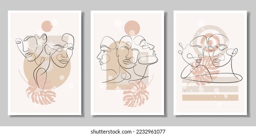 A set of three paintings. Vector portrait in a minimalist style. Geometric shapes, leaves, female portrait. Hand-drawn abstract female print. Used for social media stories.