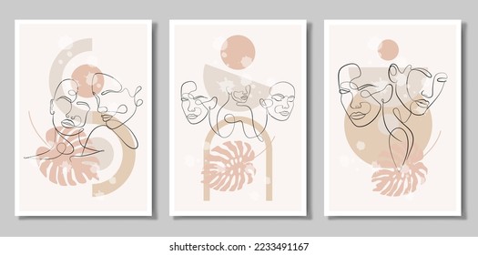 Un conjunto de tres cuadros. Retrato vectorial en un estilo minimalista. Formas geométricas, hojas, retrato femenino. Huella hembra abstracta dibujada a mano. Usada para historias de medios sociales.