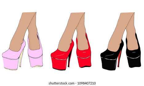Set of three pair of leather shoes on high heel and high platform, black, red and pink. Vector illustration. 