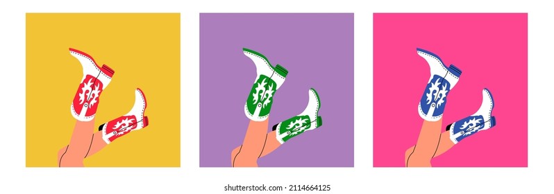 Set of three pair legs in cowboy boots. Cowboy girl wears boots. Cowboy western theme, wild west, texas. Various cowgirl boots. Hand drawn color trendy vector illustration. Each card is isolated
