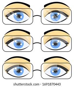 Set of three pairs of beautiful female blue eyes in rectangular glasses with flares on lenses. Black eyelashes and eyebrows. White background. Vector graphics, illustration, isolated