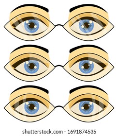 Set of three pairs of beautiful female blue eyes in leaf-shaped glasses with yellow tinted lenses and flares. Black eyelashes and eyebrows. White background. Vector graphics, illustration, isolated