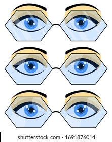 Set of three pairs of beautiful female blue eyes in tinted hexagon-shaped glasses with blue lenses and flares. Black eyelashes and eyebrows. White background. Vector graphics, illustration, isolated