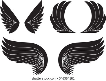 Set of three pairs of black wings. Vector illustration.