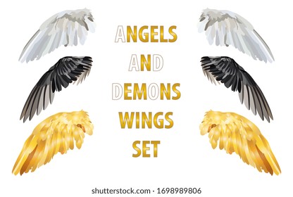 A set of three pairs of different wings, white, black and gold. Set of vector isolated multicolored wings on a white background.