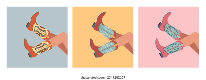 Conjunto de tres pares de piernas femeninas en botas de vaquero. Varias botas de vaquera.  El tema occidental del vaquero, el oeste salvaje. Ilustración vectorial de moda de color dibujada a mano. Cada tarjeta está aislada