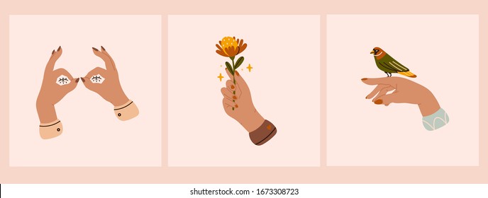 Set Of Three Pairs Of Tender Female Hands. Different Gestures. Hands With Bird And Flower. Shadow Puppet Eyes. Hand Drawn Colored Trendy Vector Illustrations. All Elements Are Isolated