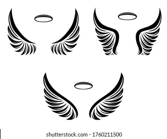 Set of three pairs of vector angel wings with nimbus