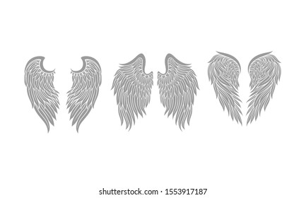 Set Of Three Pairs Of White Wings In Tattoo Style Flat Vector Illustration