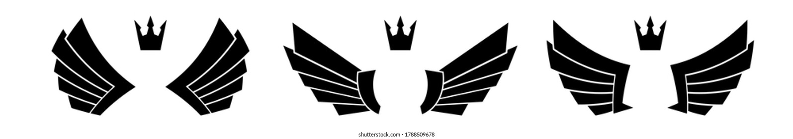 Set of three pairs of wings with crowns.	